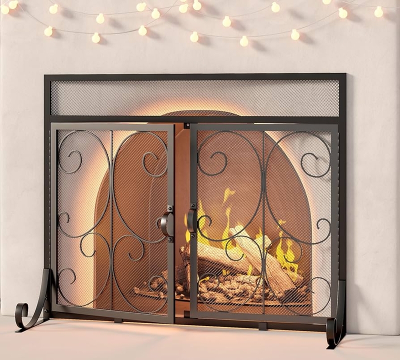 Fireplace Screen With Hinged Doors Matte Black Scrollwork Flat Panel