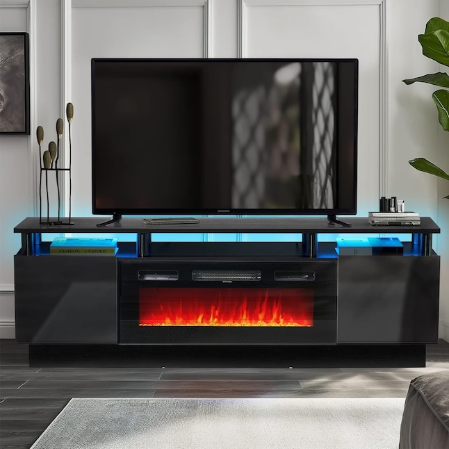 Fireplace TV Stand Black Console with Glossy Cabinets and Blue LED Accents