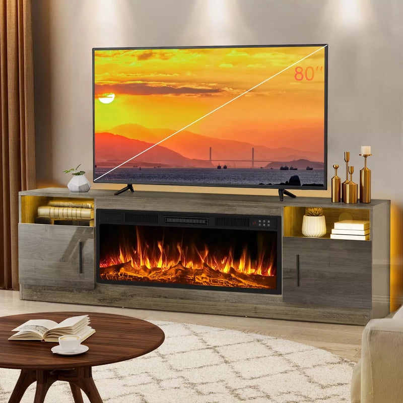 Fireplace TV Stand Charcoal Grey with Textured Wood Grain and LED Lighting