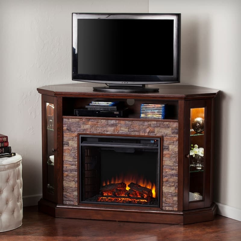 Fireplace TV Stand Corner Fit with Stone-Like Surround