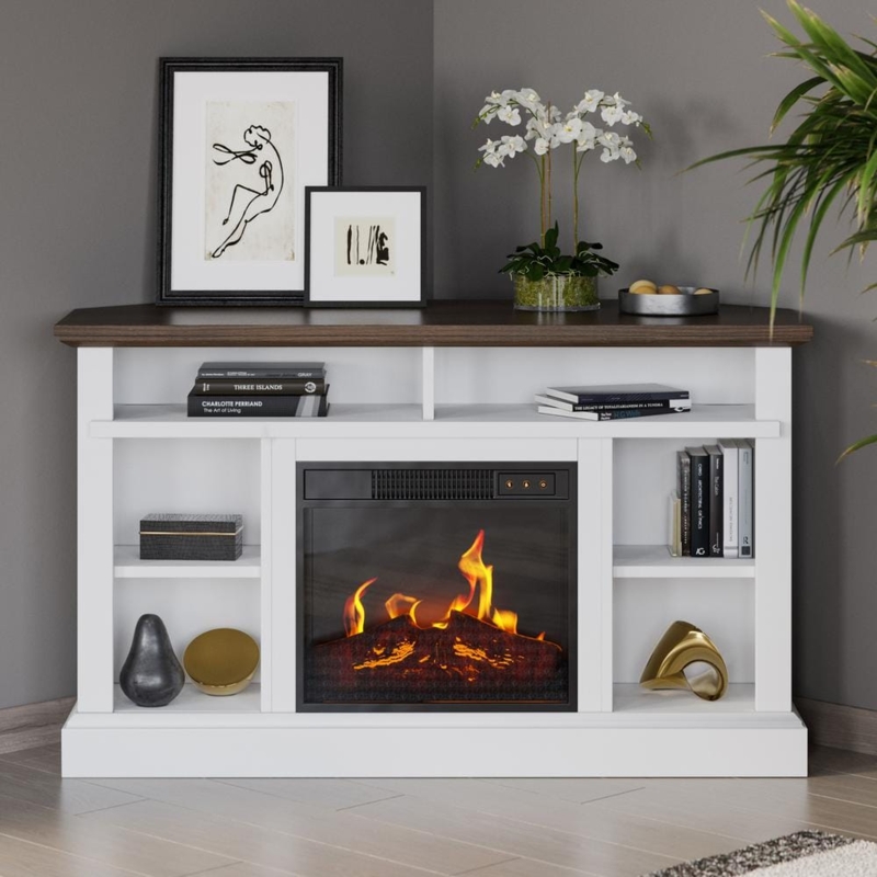 Fireplace TV Stand Corner Fit with Two-Tone Finish and Open Shelving