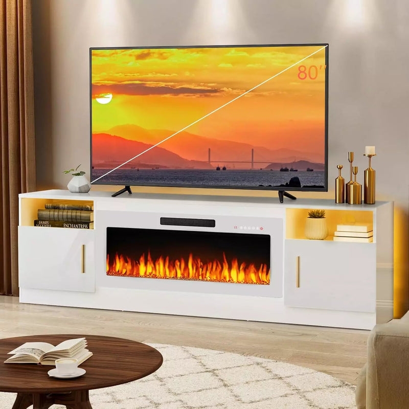 Fireplace TV Stand Crisp White Console with Gold Hardware and LED Shelves