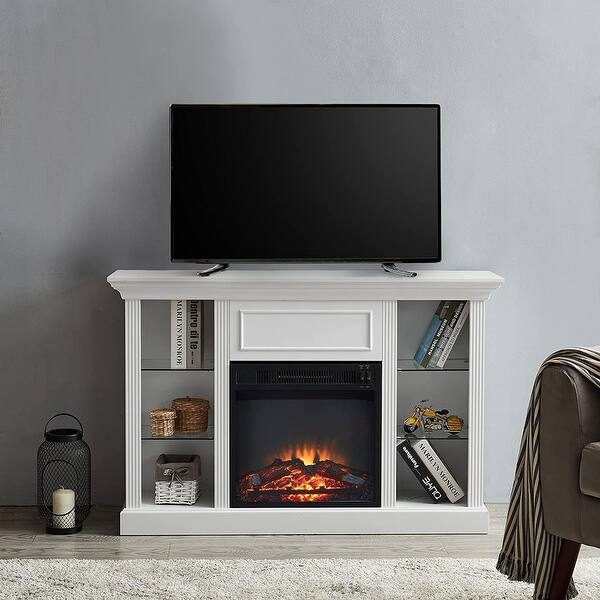 Fireplace TV Stand Crisp White with Fluted Columns and Glass Shelves