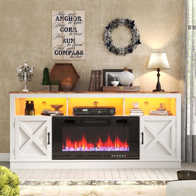 Fireplace TV Stand Crisp White with Wood Top and Crossbuck Barn Doors LED