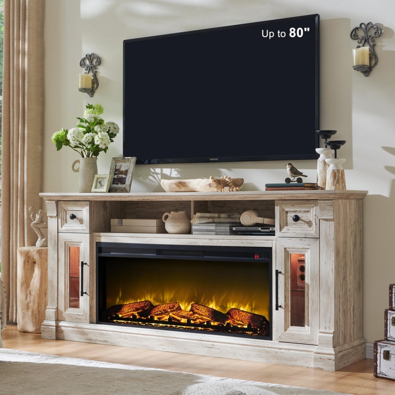 Fireplace TV Stand Distressed Whitewashed Finish with Glass Cabinet Doors