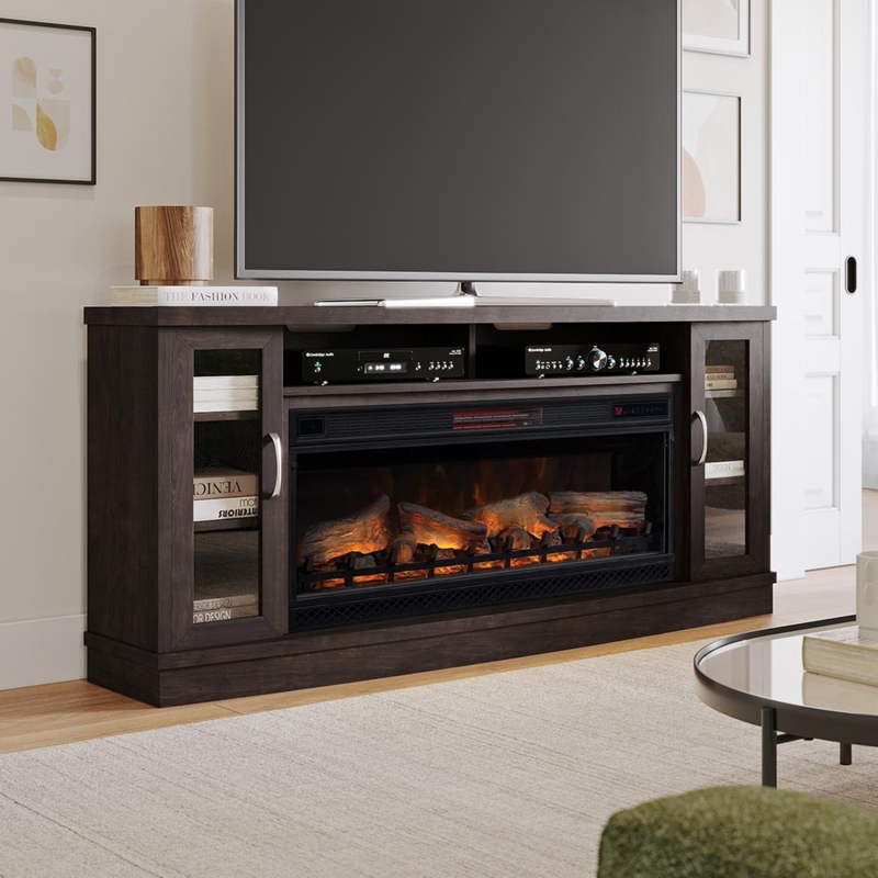 Fireplace TV Stand Espresso Brown with Linear Firebox and Glass Cabinets