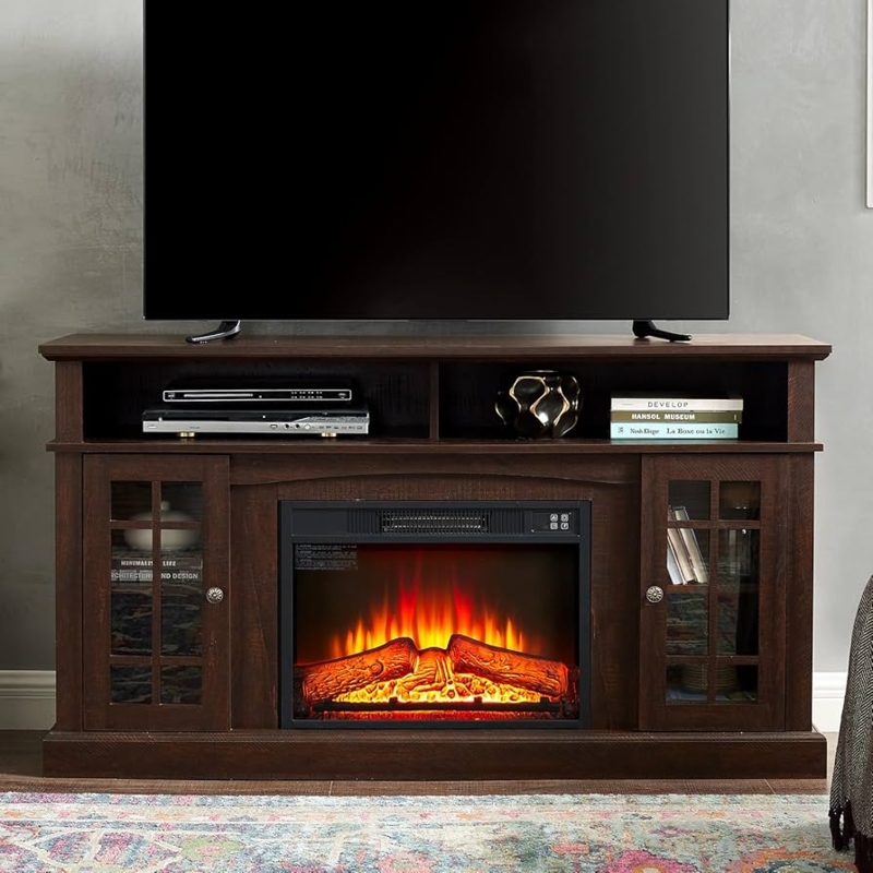 Fireplace TV Stand Espresso Finish with Mullion Glass Doors