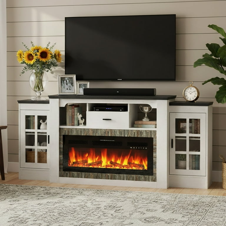 Fireplace TV Stand Faux Stone Surround with Off-White Finish