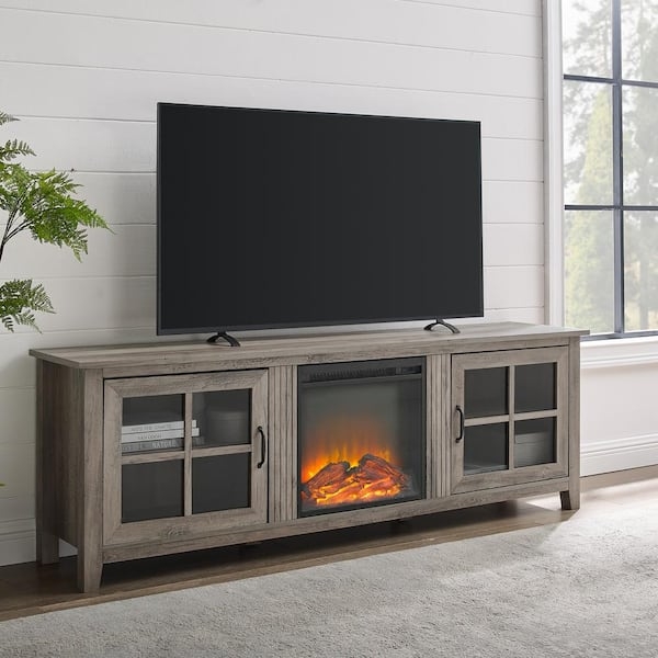 Fireplace TV Stand Grey Wash with Window Pane Glass Doors and Bracket Feet