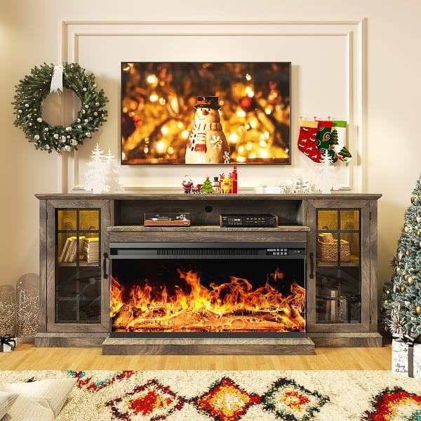 Fireplace TV Stand Grey Washed Wood with Integrated Lighting