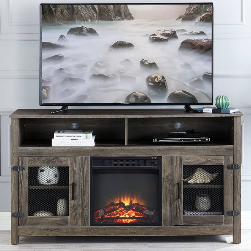 Fireplace TV Stand Grey Wood Grain with Mesh Cabinet Doors
