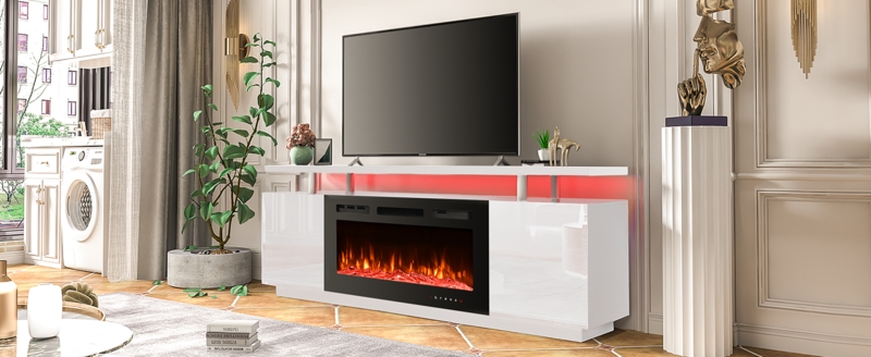 Fireplace TV Stand High Gloss White with Red LED Accents and Raised Shelf