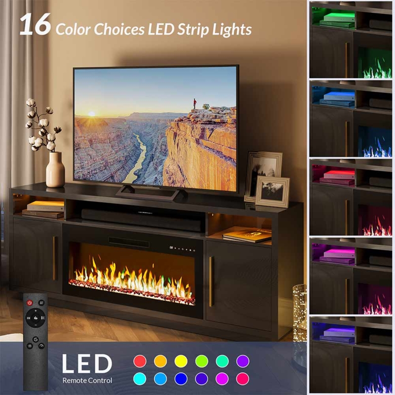 Fireplace TV Stand Matte Black with 16-Color LED Lighting