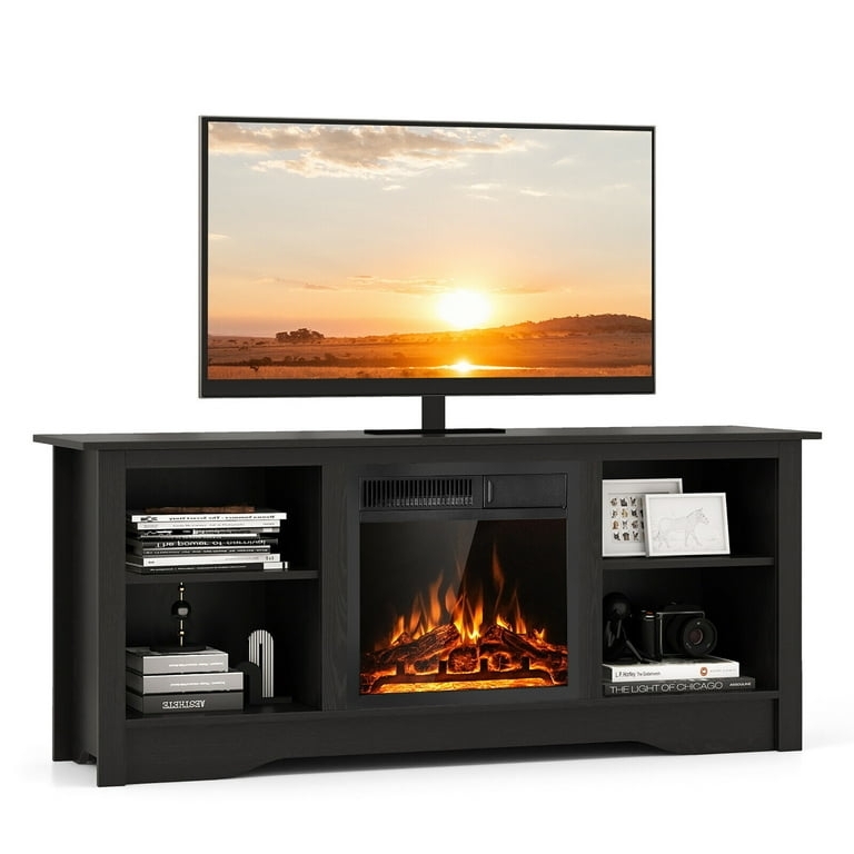 Fireplace TV Stand Minimalist Matte Black with Open Bay Storage