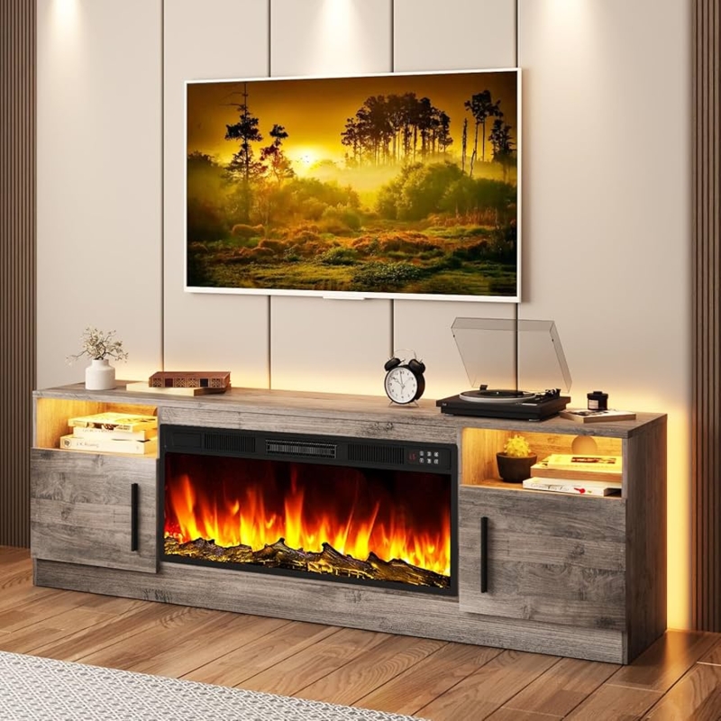 Fireplace TV Stand Modern Rustic Weathered Gray LED Accent Lighting