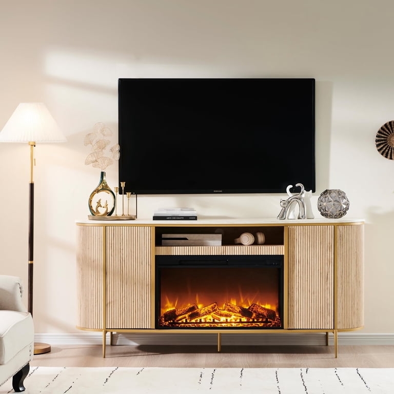 Fireplace TV Stand Natural Oak with Fluted Front and Gold Tapered Legs