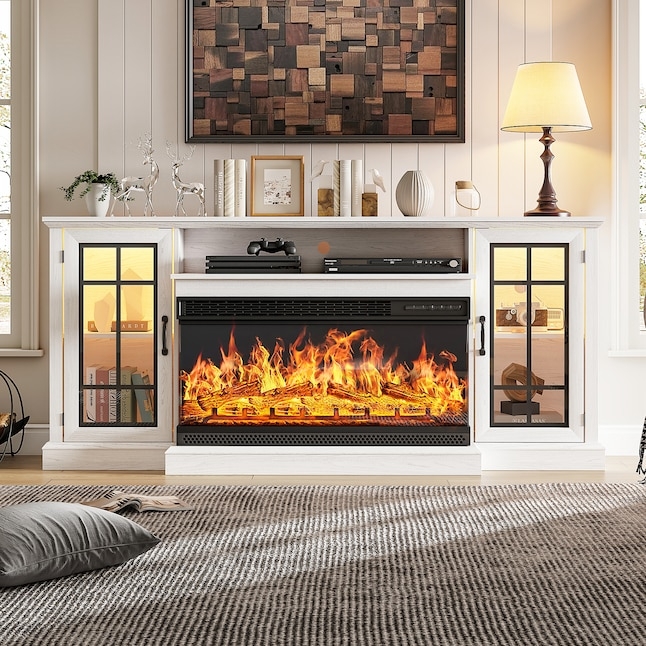 Fireplace TV Stand Off-White Console with Internal Lighting and Glass Doors