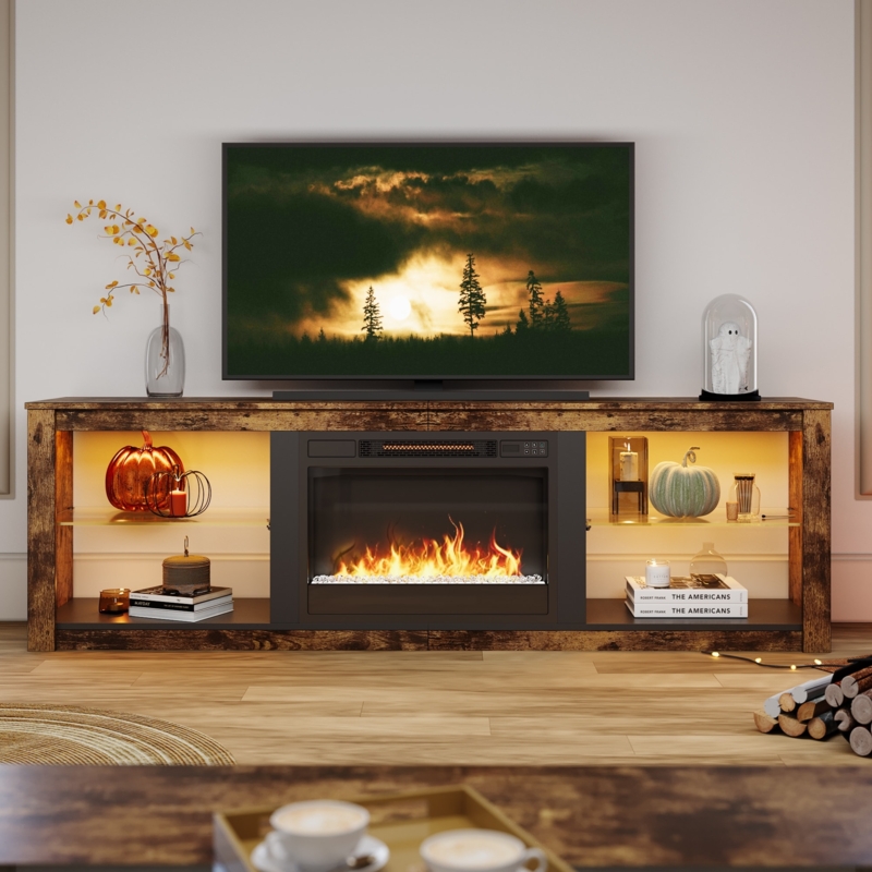 Fireplace TV Stand Rustic Brown with Distressed Finish and Glass Shelves