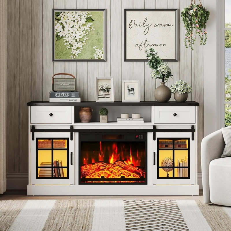 Fireplace TV Stand Sliding Barn Doors with Interior Cabinet Lighting