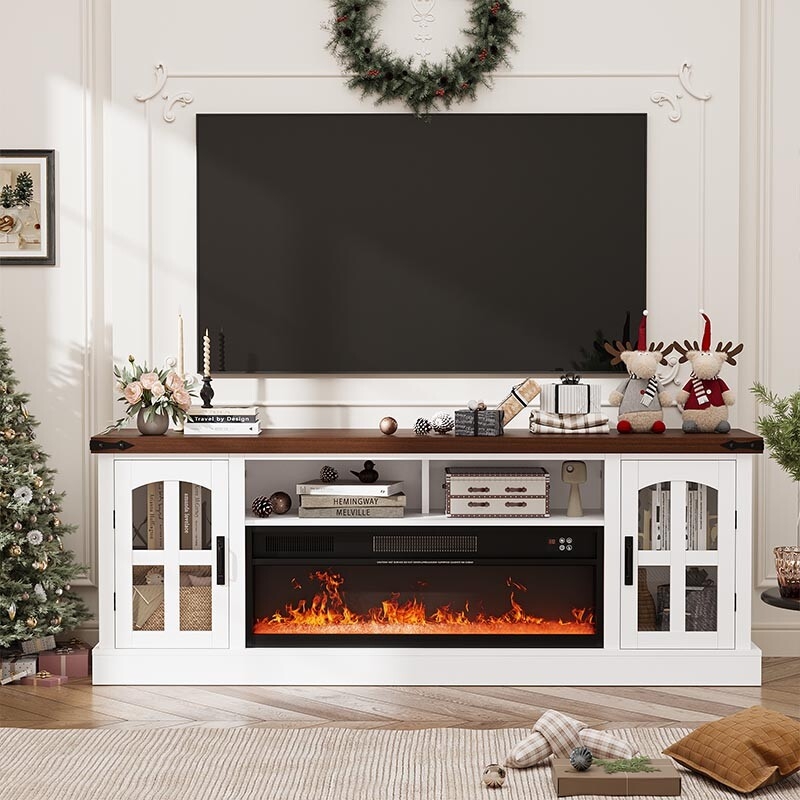 Fireplace TV Stand Two-Tone Console with Walnut Top and Mullion Glass Doors