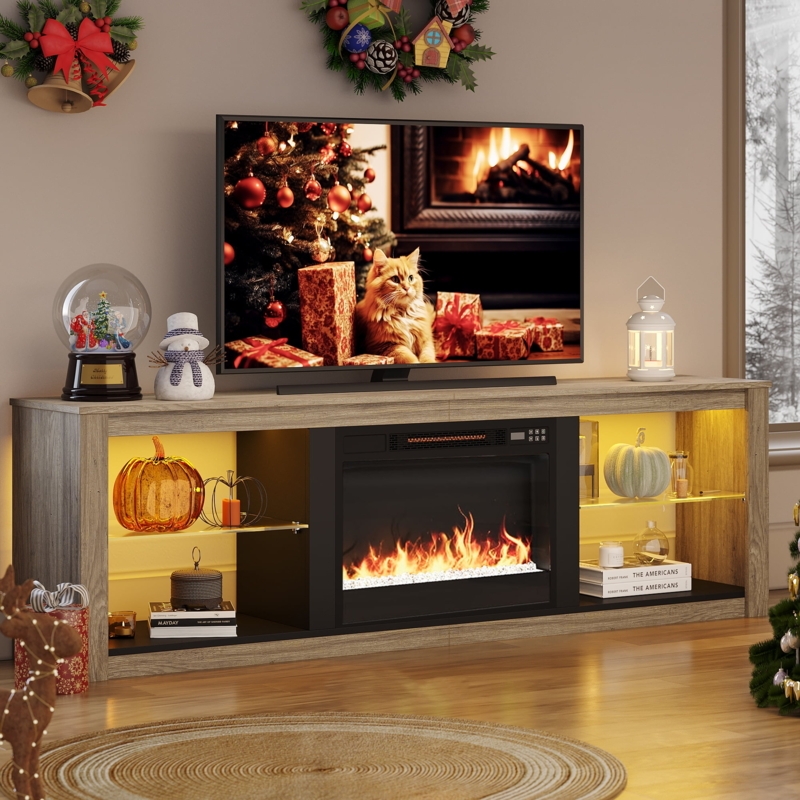 Fireplace TV Stand Wash Grey with Realistic 3D Flames and LED Backlighting