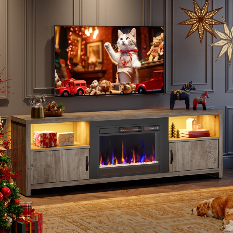 Fireplace TV Stand Weathered Gray Oak with Black Hardware and LED Shelves