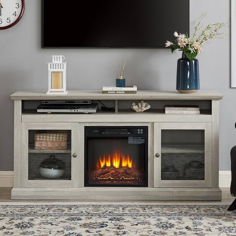Fireplace TV Stand Weathered Gray with Glass Front Cabinets