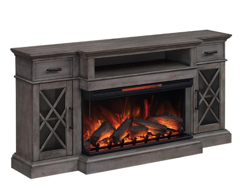 Fireplace TV Stand Weathered Gray with Infrared Heater and X-Motif Glass