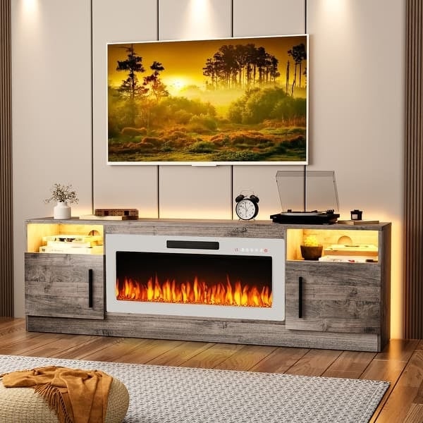 Fireplace TV Stand Weathered Grey Console with Integrated LED Lighting
