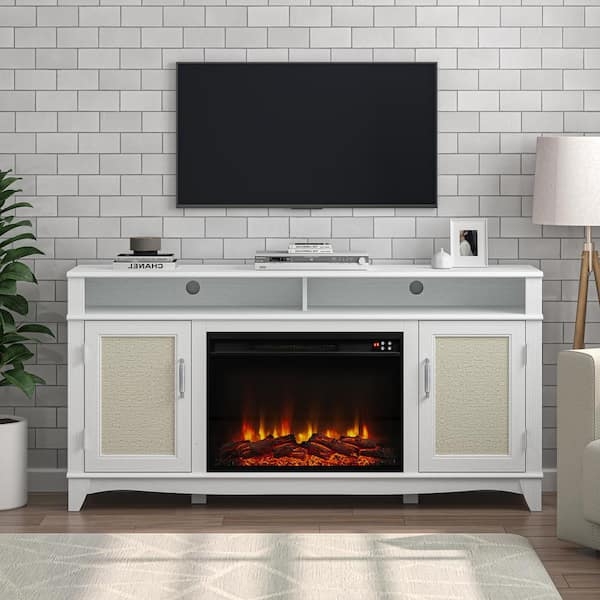 Fireplace TV Stand White Finish with Textured Doors and Shaped Base