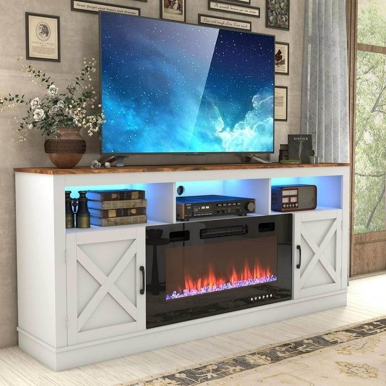 Fireplace TV Stand White with Wood Top, Barn Doors, and Blue LED Accents