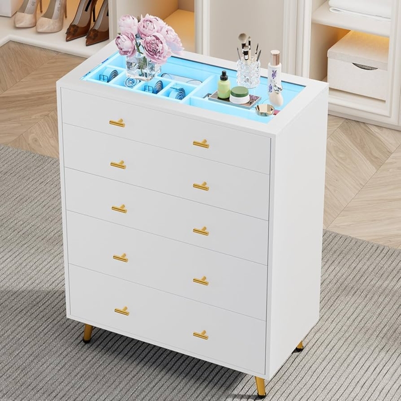 Five Drawer Dresser Crisp White Illuminated Glass Top Gold Accents Modern