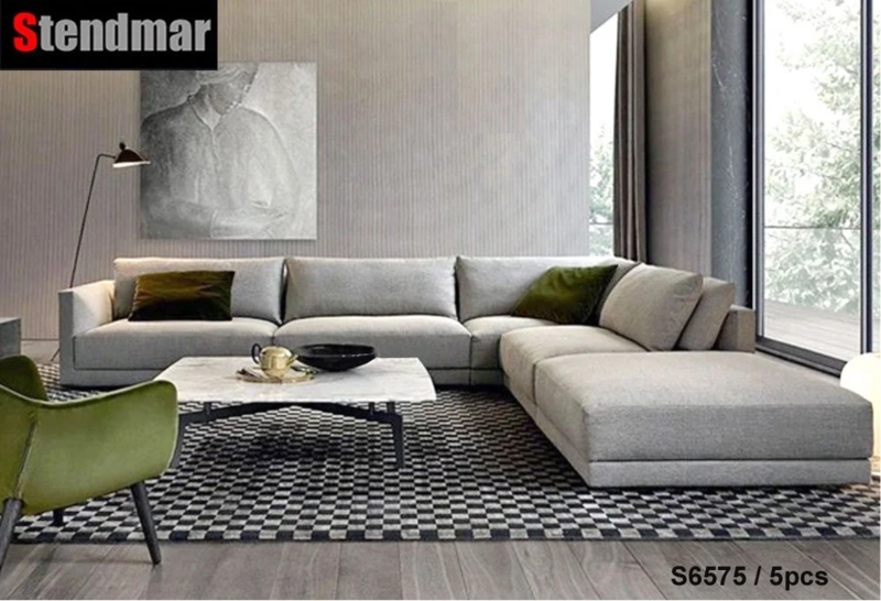 Five-Piece Modular Sectional Sofa with Low Profile Block Base in Light Grey