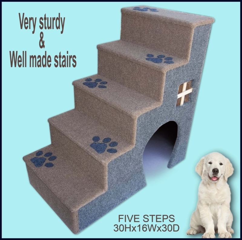 Five-Step Pet Stairs Blue Paw Print Pattern Arched Cubby Opening