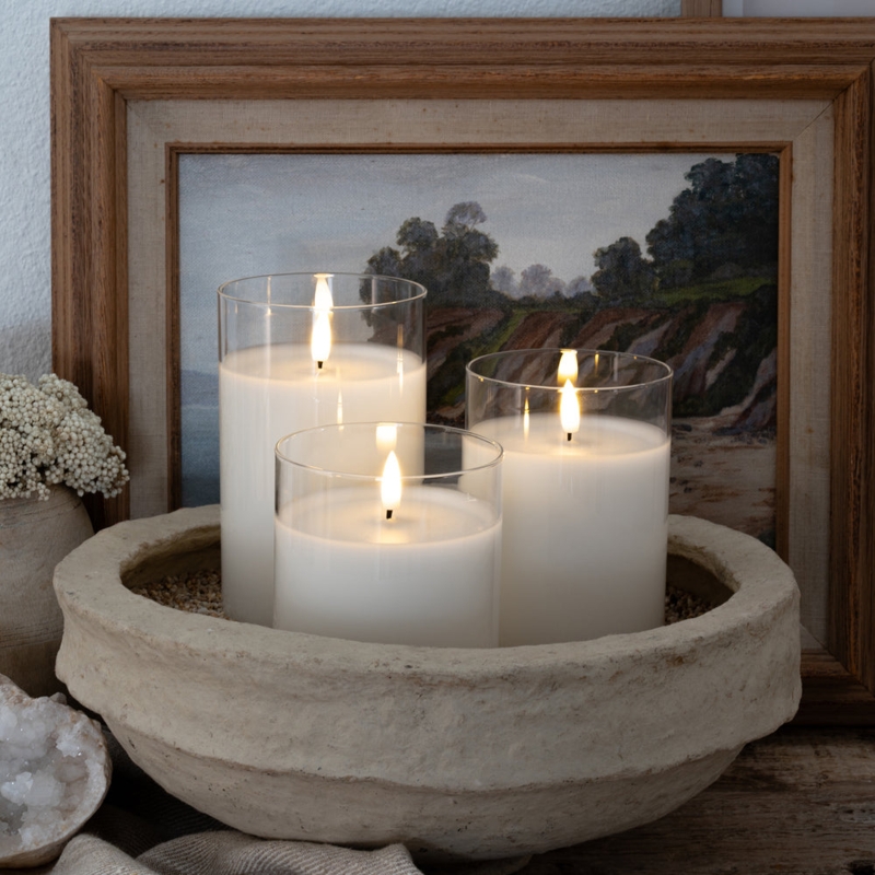 Flameless Hurricane Candle Set Textured Vessel Bowl, Clear Glass