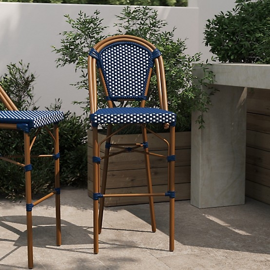 Flash Furniture Bordeaux Commercial Grade Stackable Indoor/Outdoor French Bistro 30 in. High Bar Height Stool, Navy/White/Natural Frame