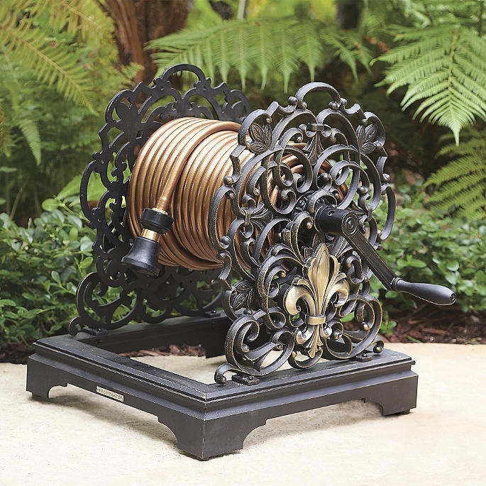 Fleur-de-lis Hose Reel: Antique Bronze Pedestal Base Garden Storage