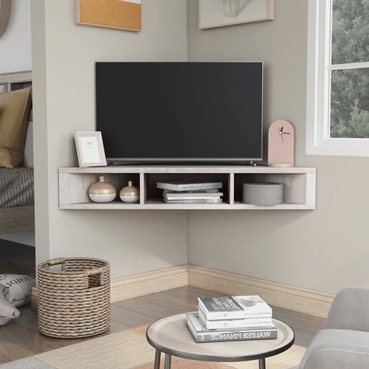 Floating Corner TV Stand Wall Mounted White Oak Minimalist Design