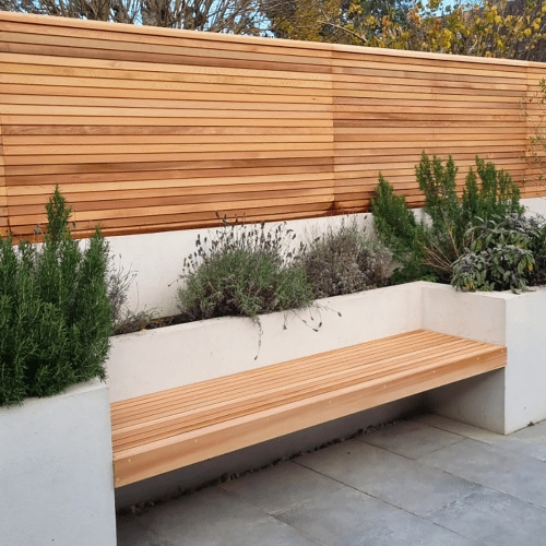 Floating Garden Bench Integrated into Built-in Masonry Planters