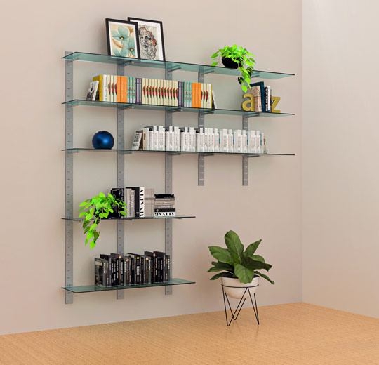 Floating Glass Wall Shelves: Slat Strip Mounting with Modular Layout