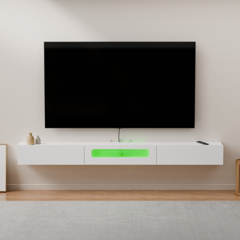 Floating Media Console Matte White Green Led Lighting Ribbed Glass