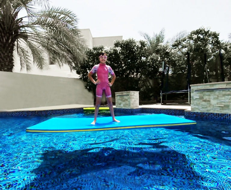 Floating Pool Mat, Cyan Blue Layered Foam Island with Yellow Edge Trim