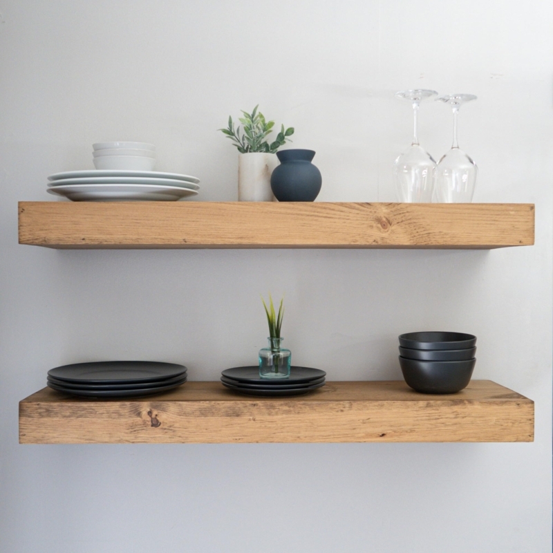 Floating Shelves Aged Oak Set of Two 3 Inches Thick Chunky Pine