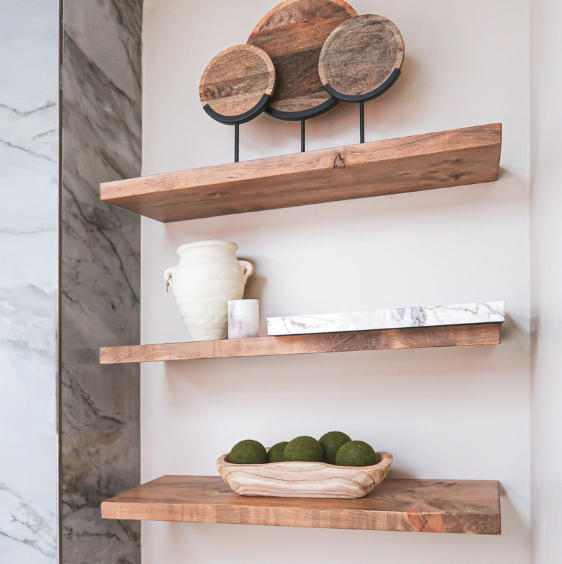 Floating Shelves Thick Rustic Wood Grain Wall to Wall Fit Niche