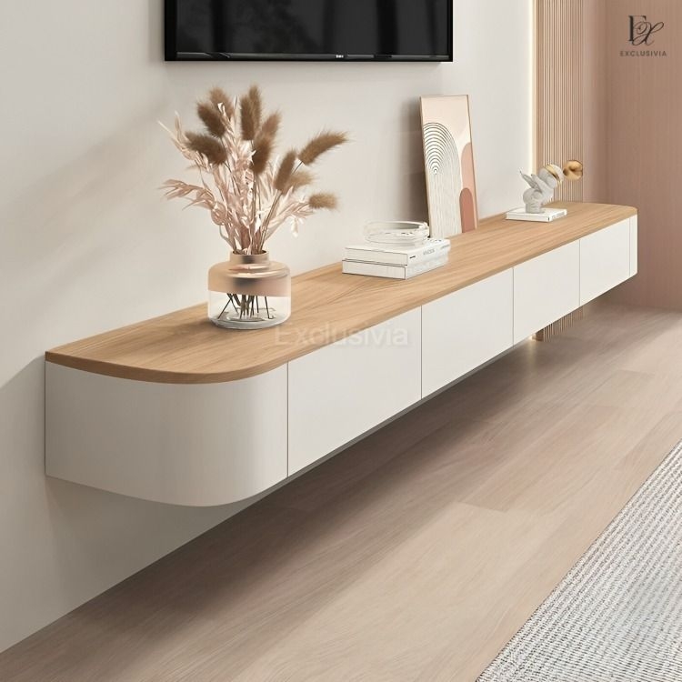 Floating TV Console Japandi Cream White Curved Ends Wall Mounted