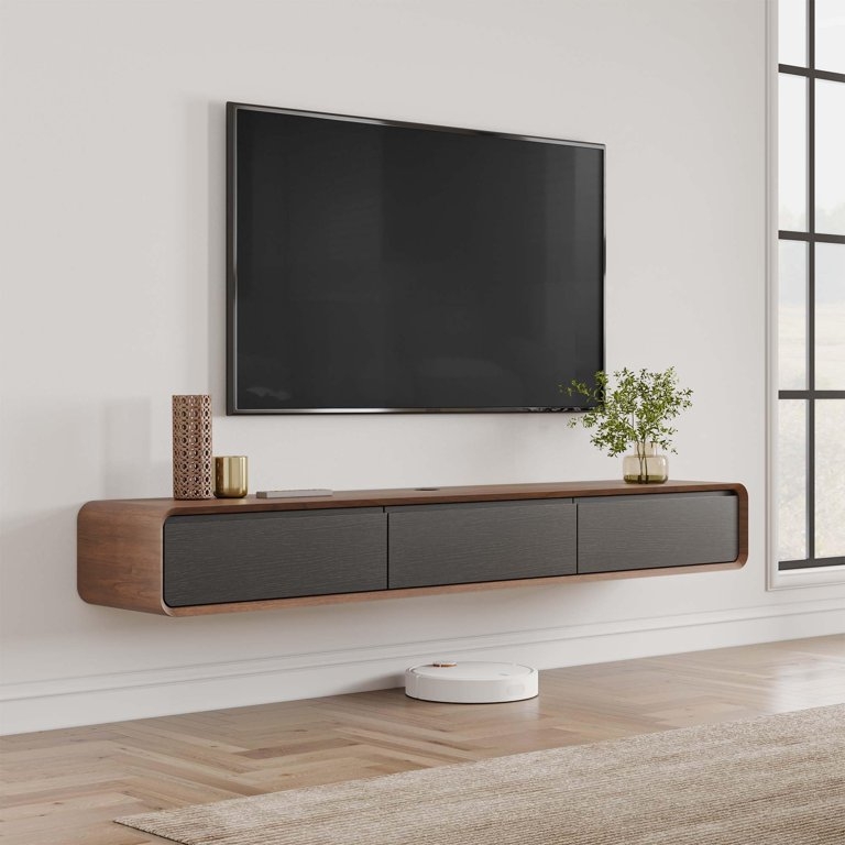 Floating TV Stand Charcoal Black Contrast Rounded Corners Handleless