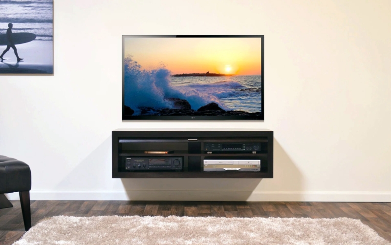 Floating TV Stand Espresso Finish Open Shelving Media Console
