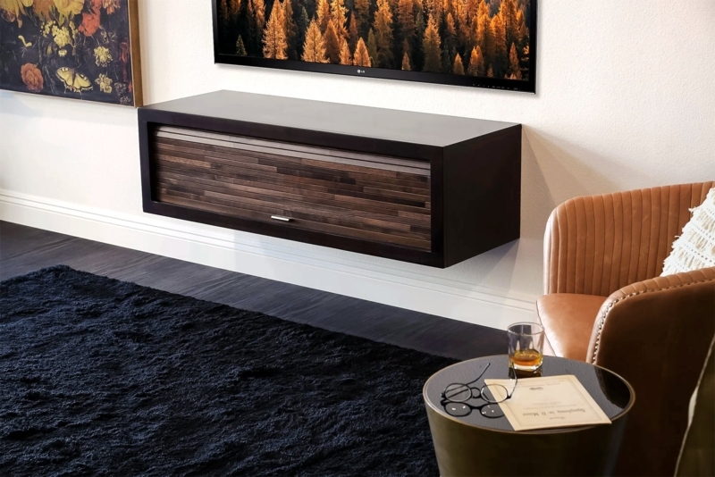 Floating TV Stand Espresso Slatted Door Front Modern Media Console