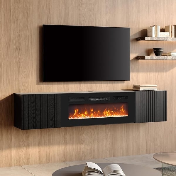 Floating TV Stand Matte Black with Slatted Texture Design