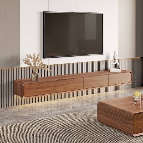 Floating TV Stand Walnut Rounded Corners Integrated Lighting Console